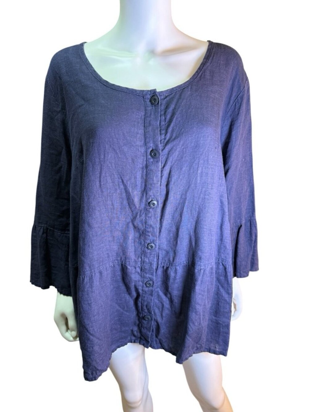 Flax Button Down Top Size 1G (18/20) Navy 100% Linen V-Neck 3/4 Sleeve EUC
